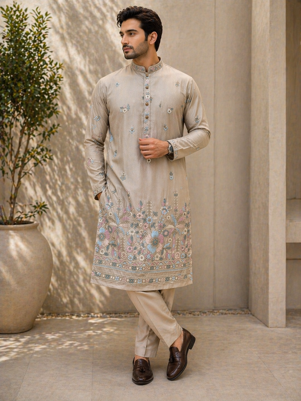 Beige Floral Embroidered Kurta