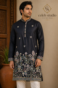 Black Floral Embroidered Silk Kurta