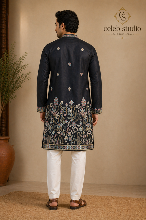 Black Floral Embroidered Silk Kurta