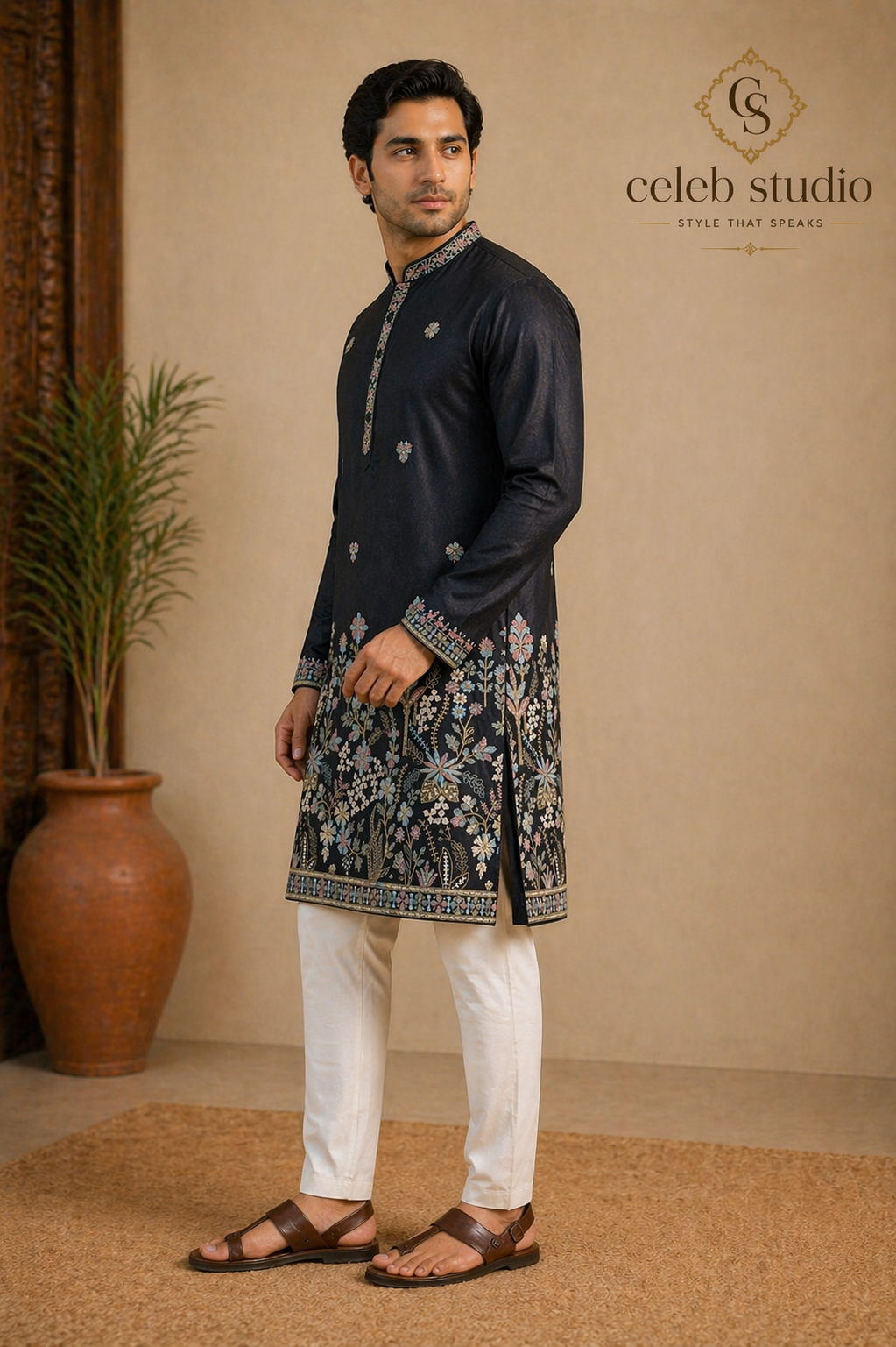 Black Floral Embroidered Silk Kurta