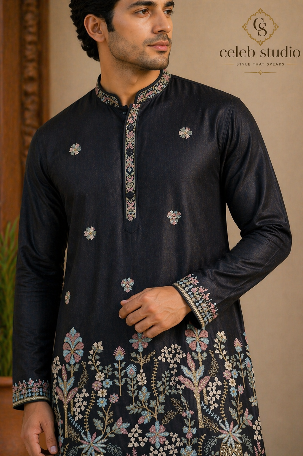 Black Floral Embroidered Silk Kurta