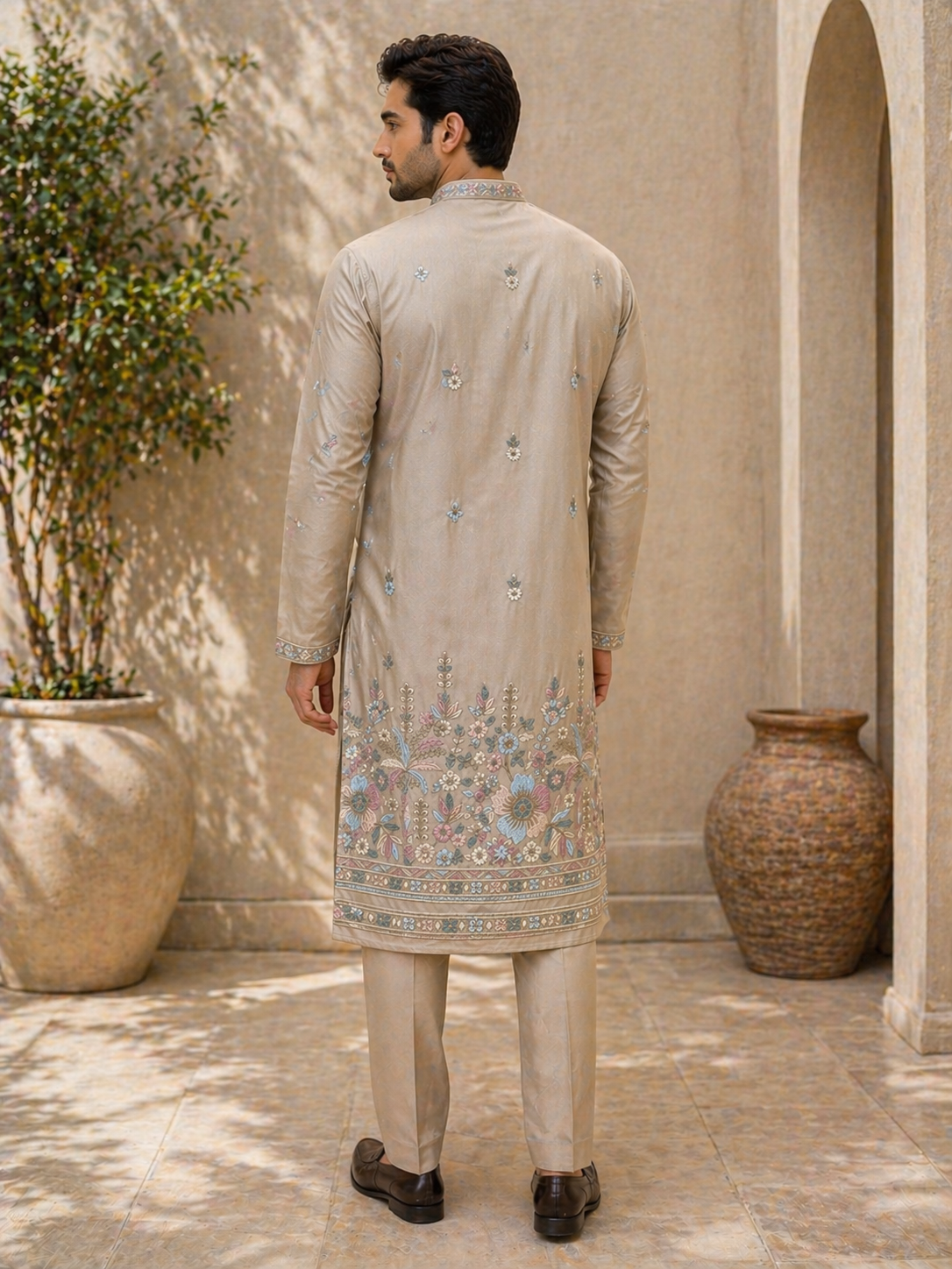 Beige Floral Embroidered Kurta