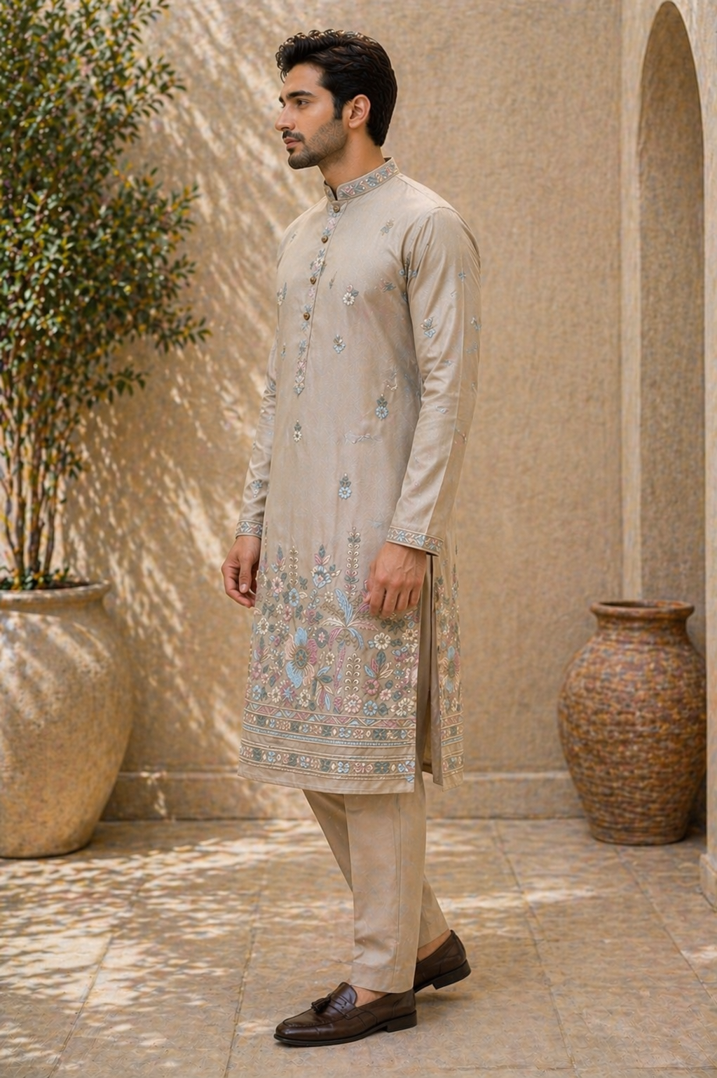 Beige Floral Embroidered Kurta