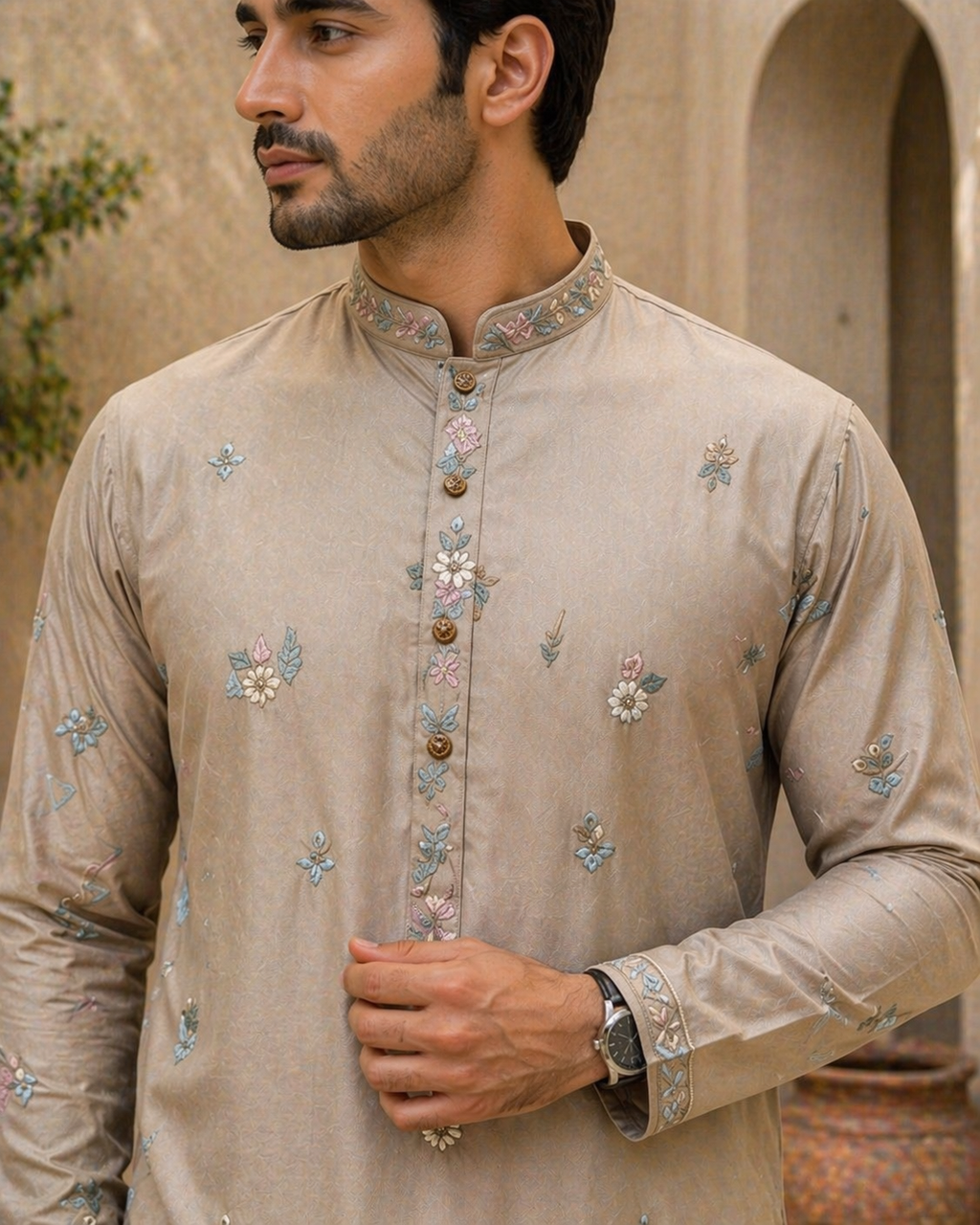 Beige Floral Embroidered Kurta