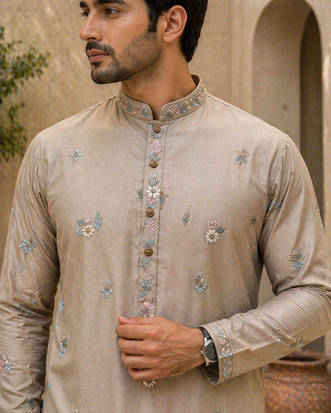 Beige Floral Embroidered Kurta