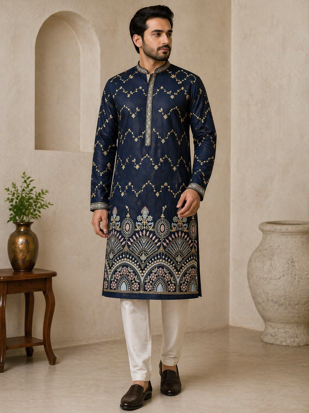 Navy Blue Zari Embroidered Kurta