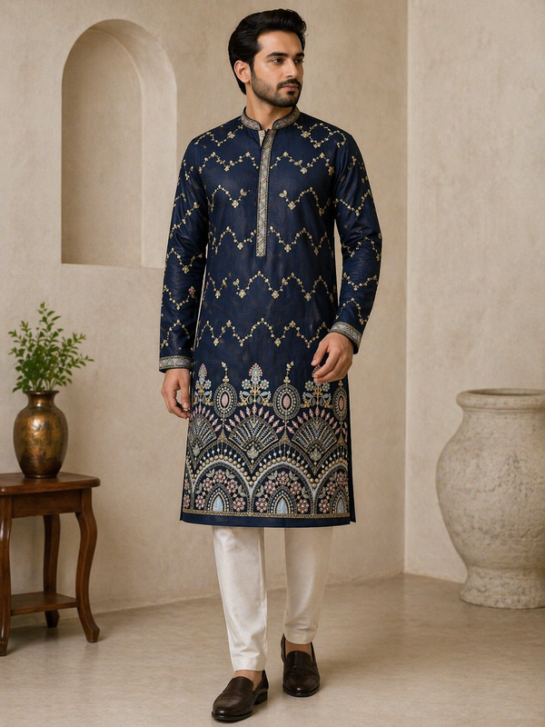 Navy Blue Zari Embroidered Kurta