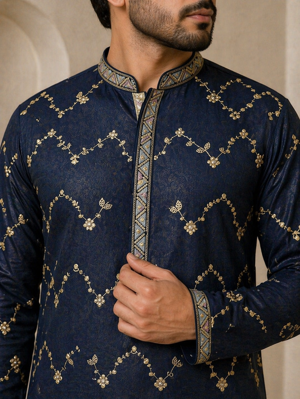 Navy Blue Zari Embroidered Kurta