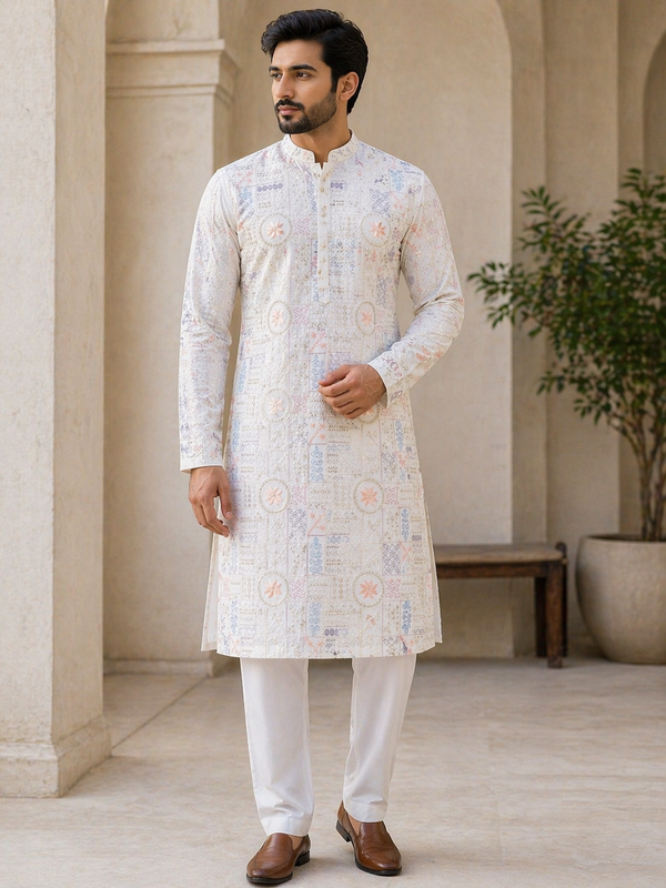 Off-White All-Over Printed Malai Satin Kurta