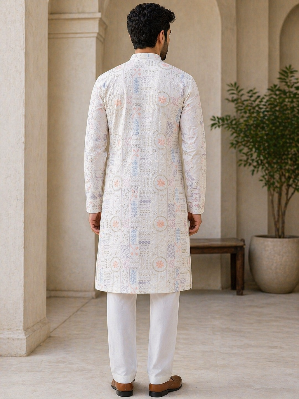 Off-White All-Over Printed Malai Satin Kurta