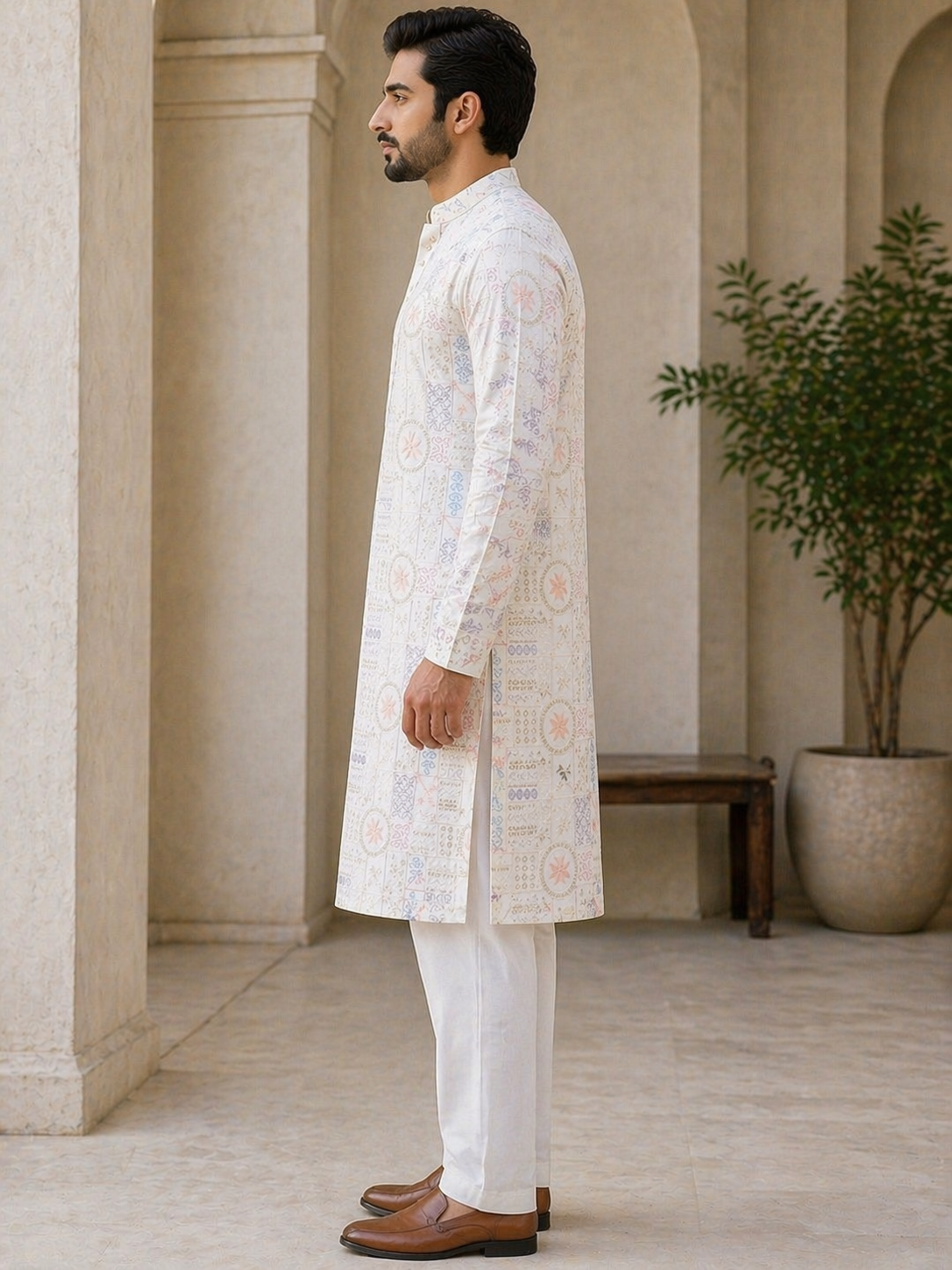 Off-White All-Over Printed Malai Satin Kurta