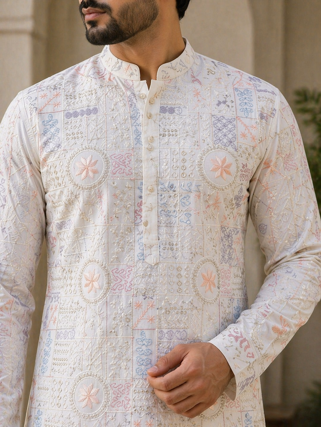 Off-White All-Over Printed Malai Satin Kurta