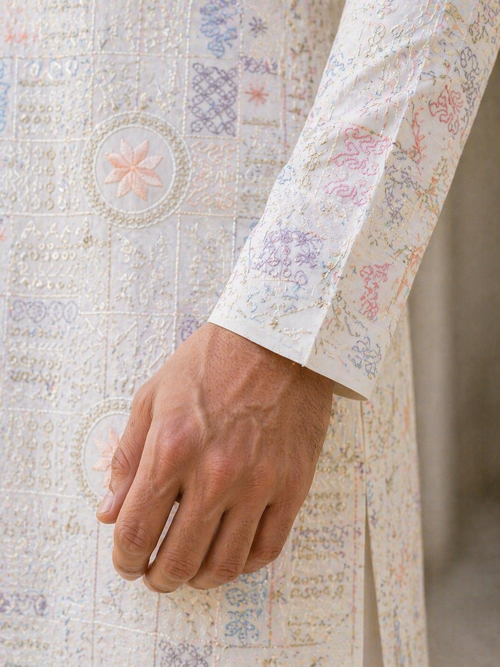 Off-White All-Over Printed Malai Satin Kurta