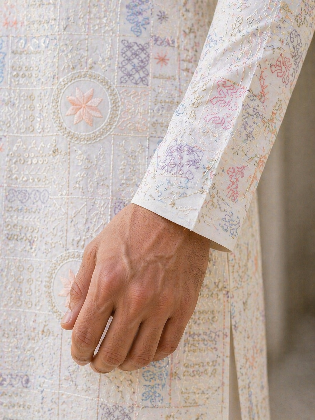 Off-White All-Over Printed Malai Satin Kurta