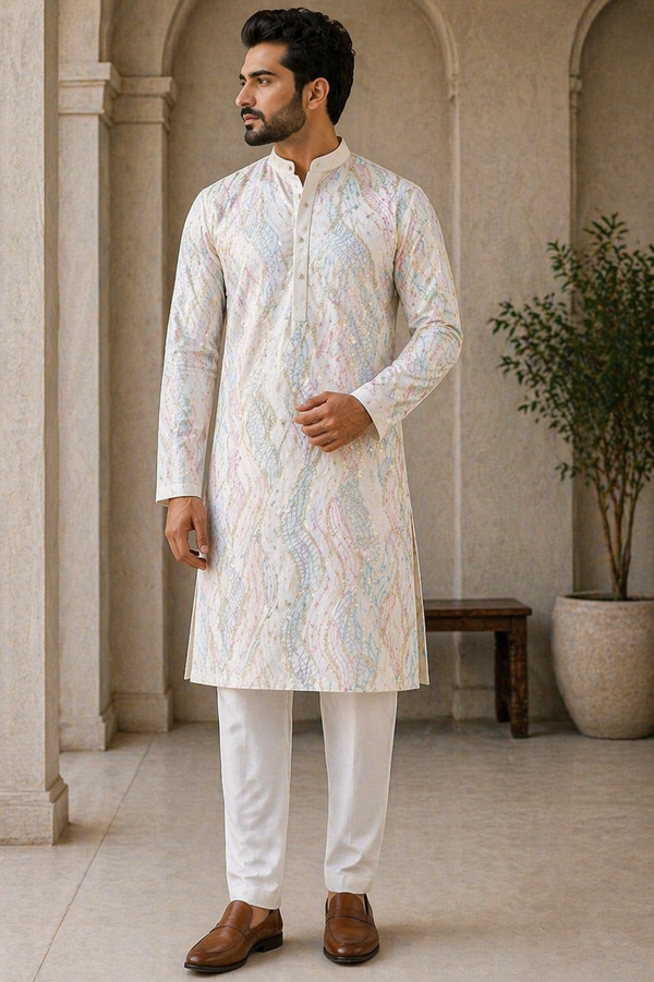 Off-White Iridescent Abstract Printed Satin Kurta
