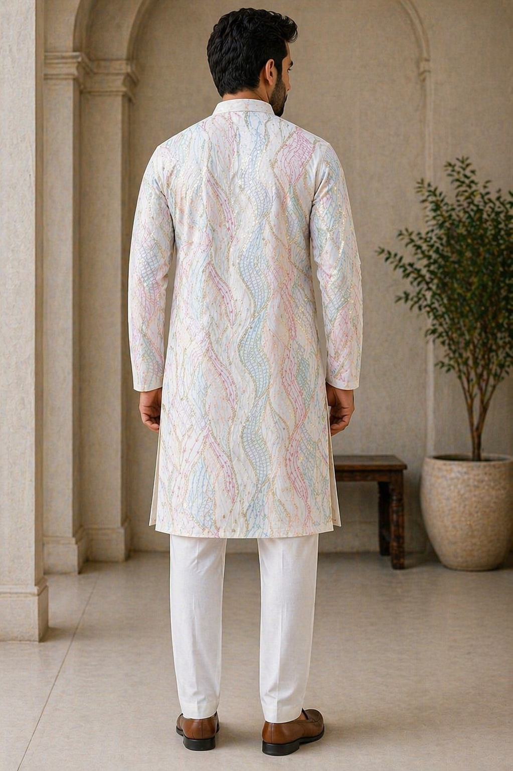 Off-White Iridescent Abstract Printed Satin Kurta