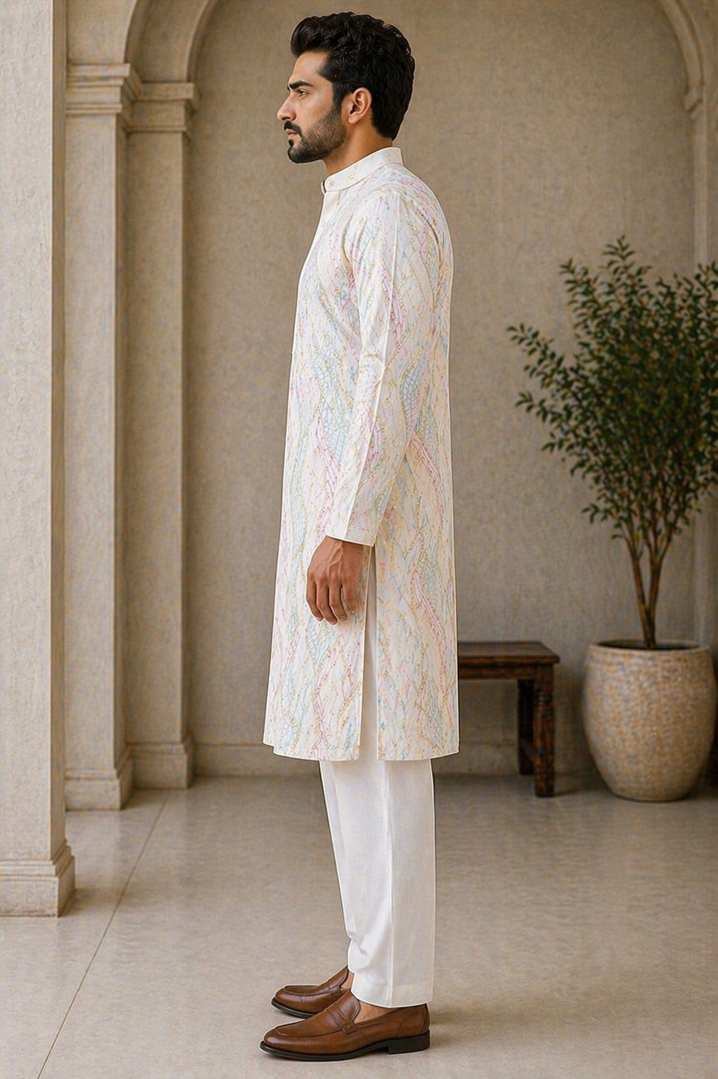 Off-White Iridescent Abstract Printed Satin Kurta