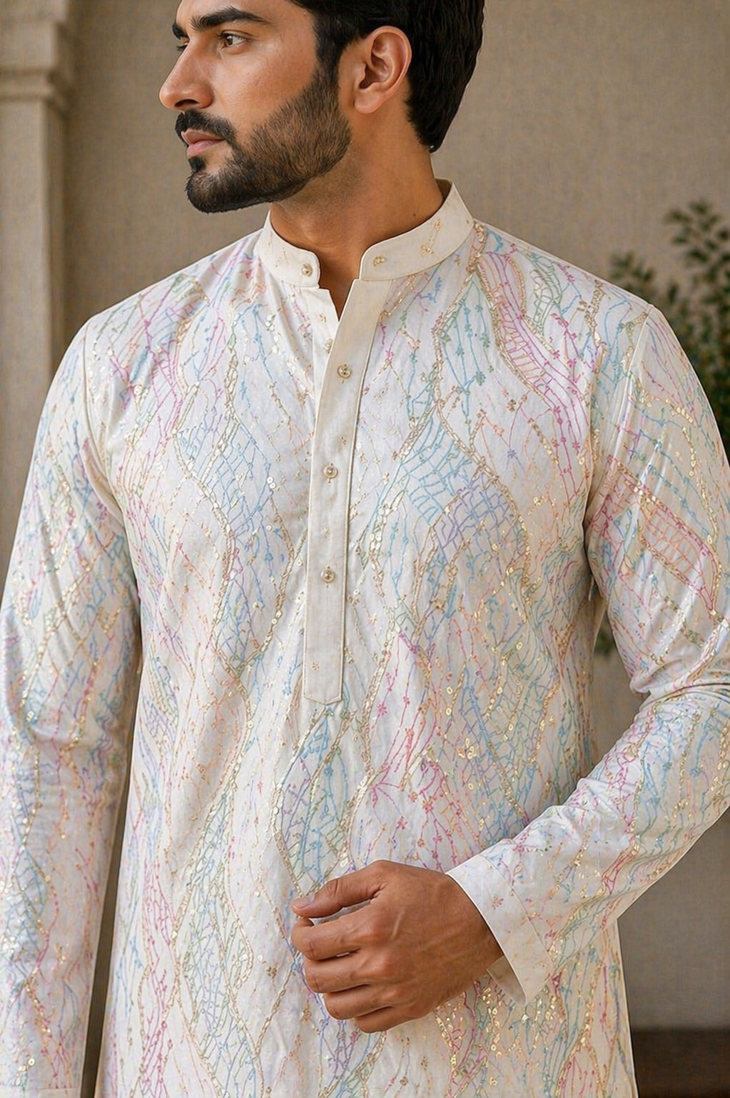 Off-White Iridescent Abstract Printed Satin Kurta