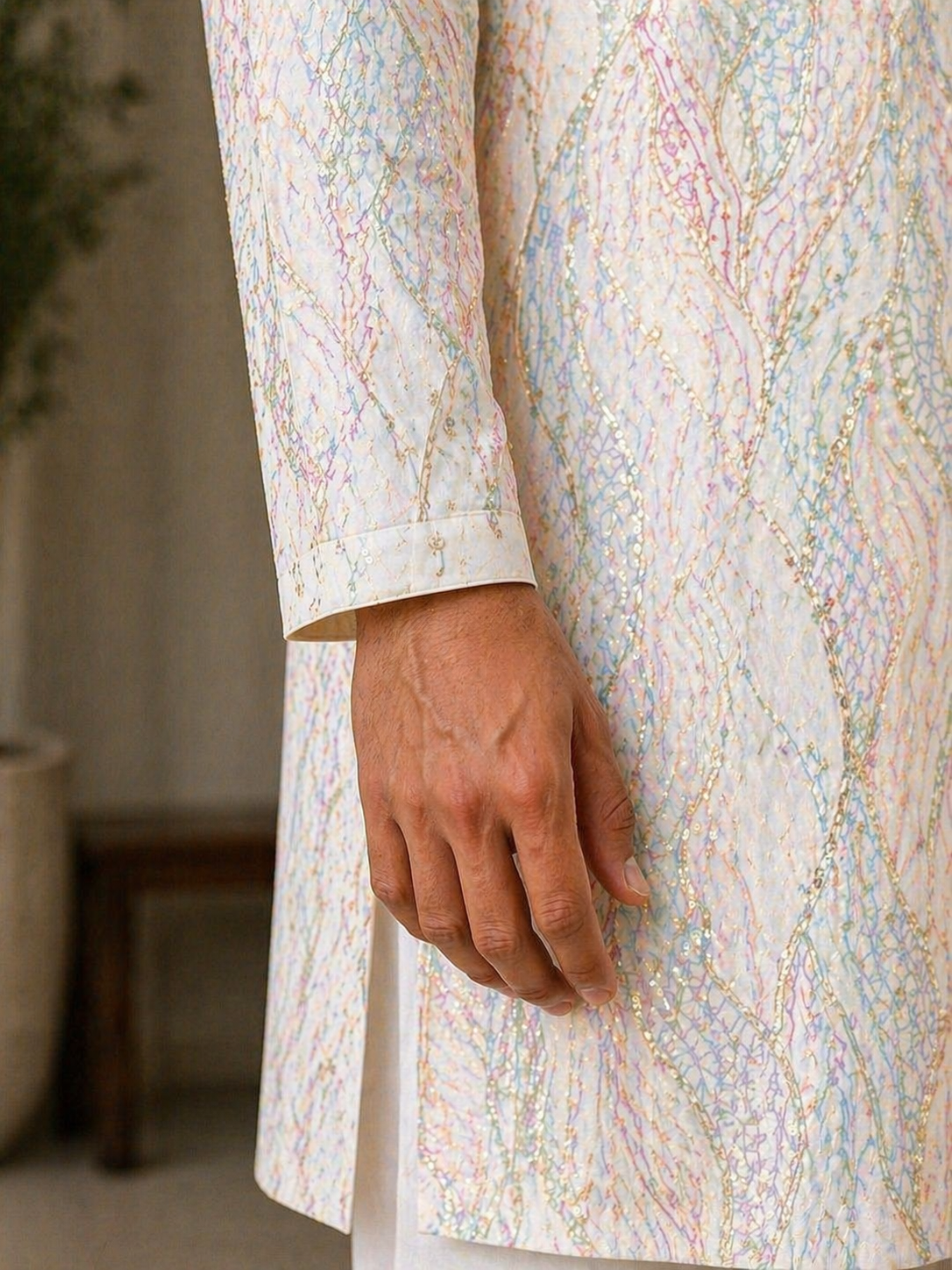 Off-White Iridescent Abstract Printed Satin Kurta
