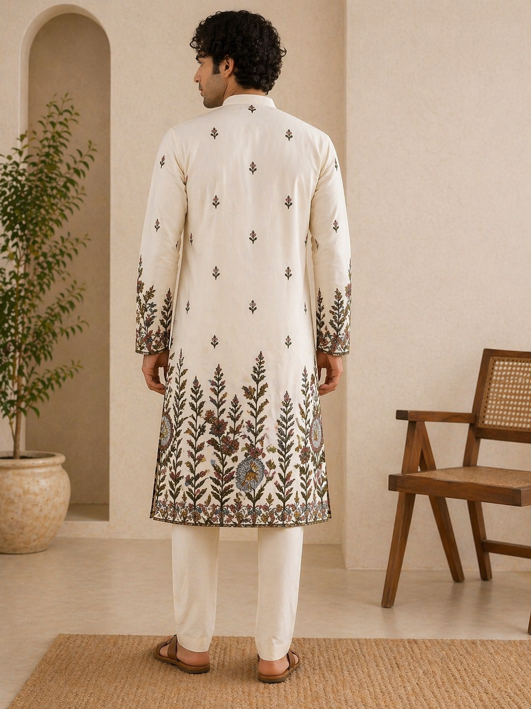Off-White Botanical Embroidered Silk Kurta