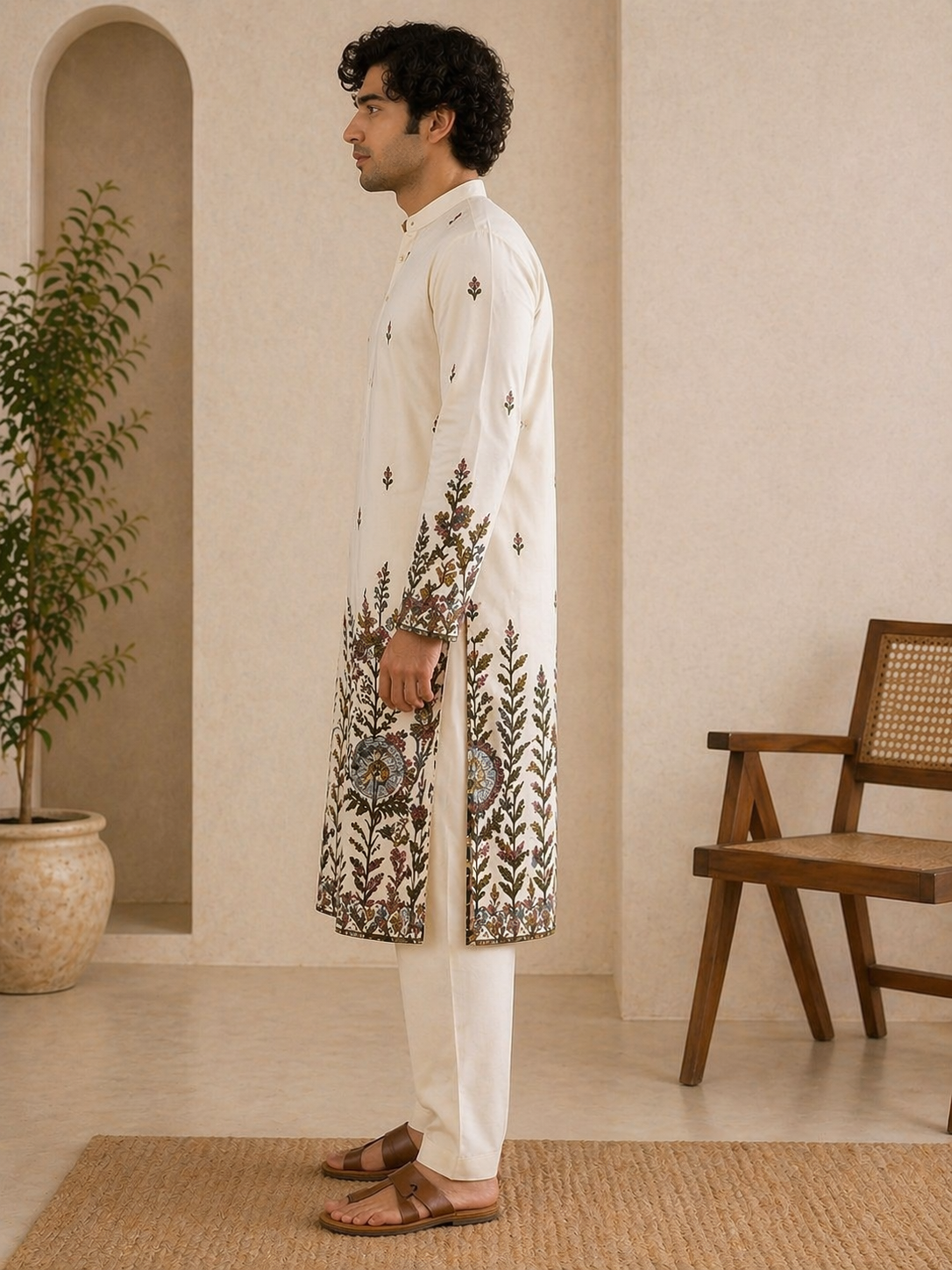 Off-White Botanical Embroidered Silk Kurta
