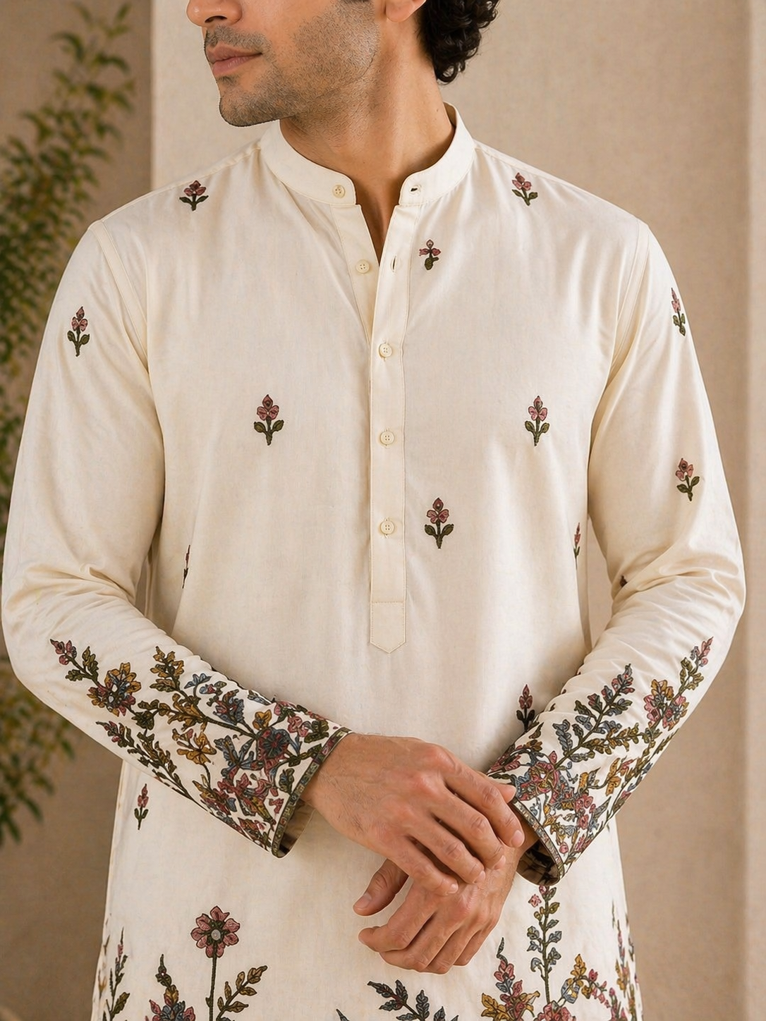 Off-White Botanical Embroidered Silk Kurta