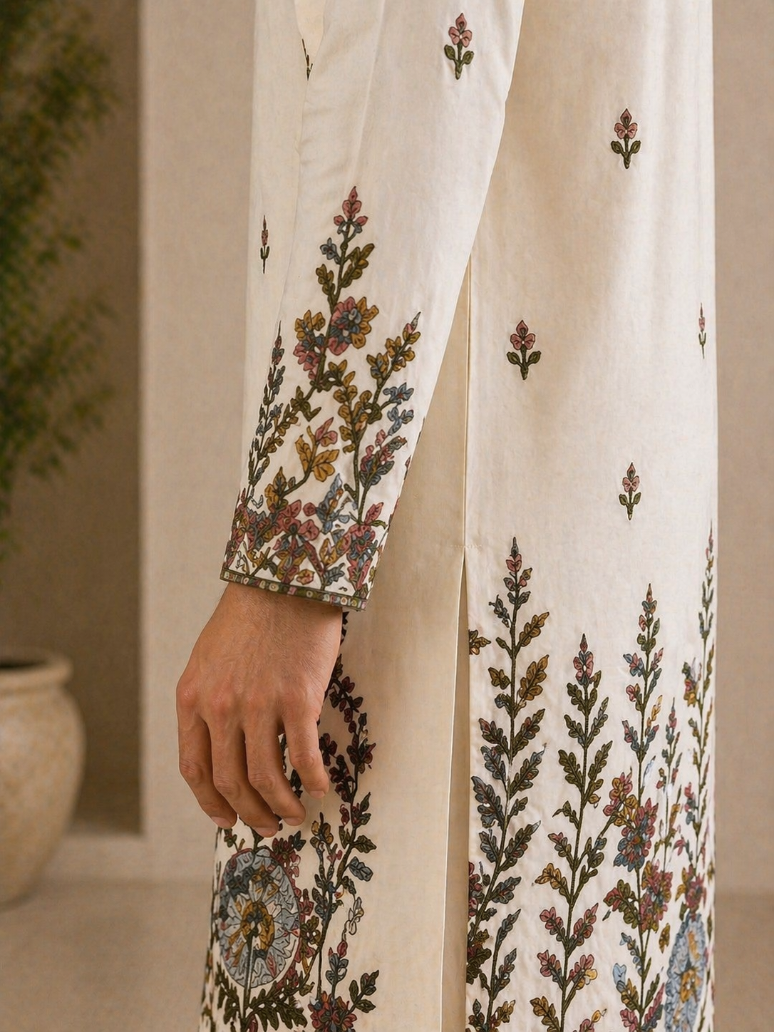 Off-White Botanical Embroidered Silk Kurta