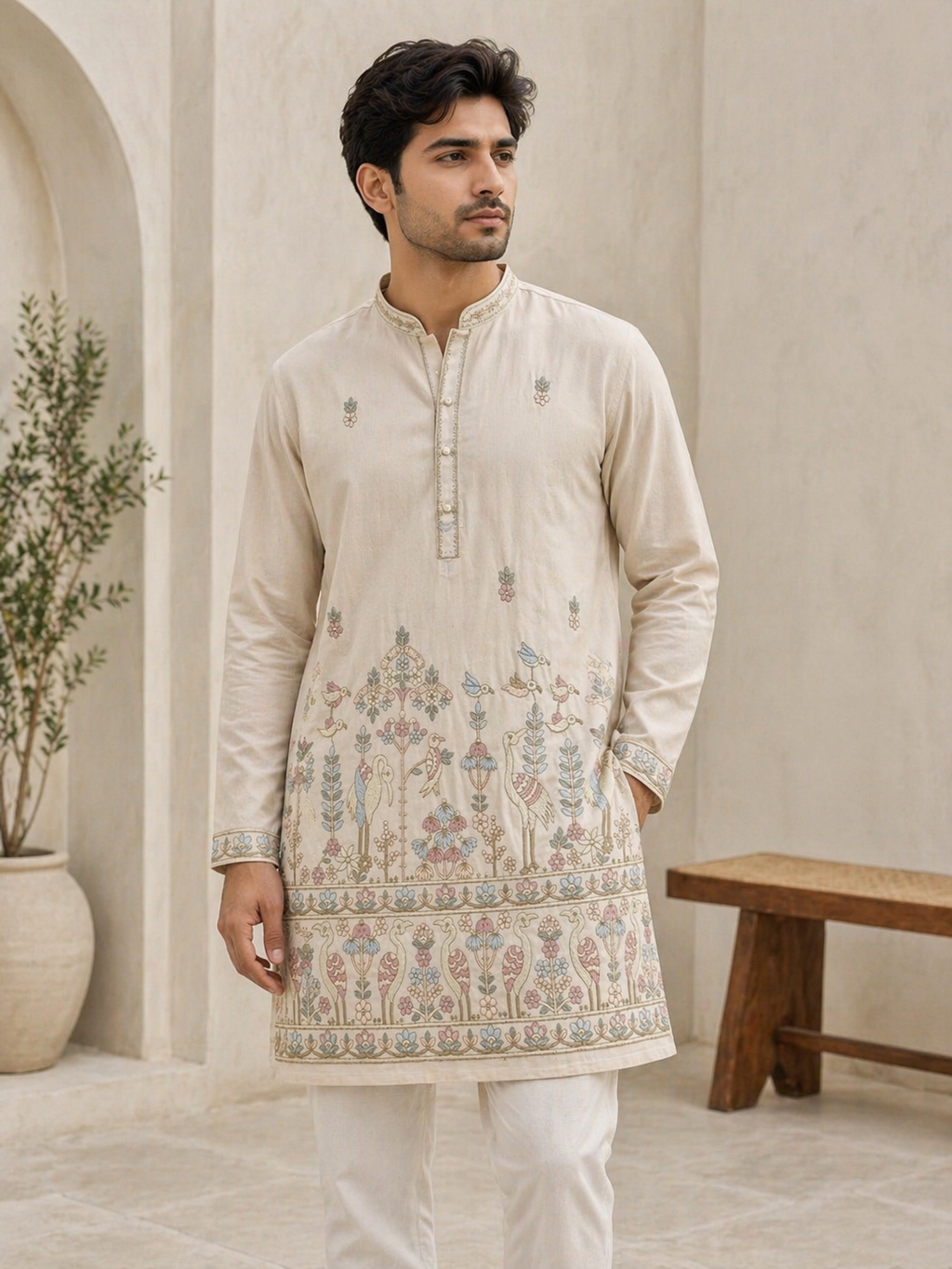 Cream Mughal Bird & Floral Embroidered Og Armani Kurta