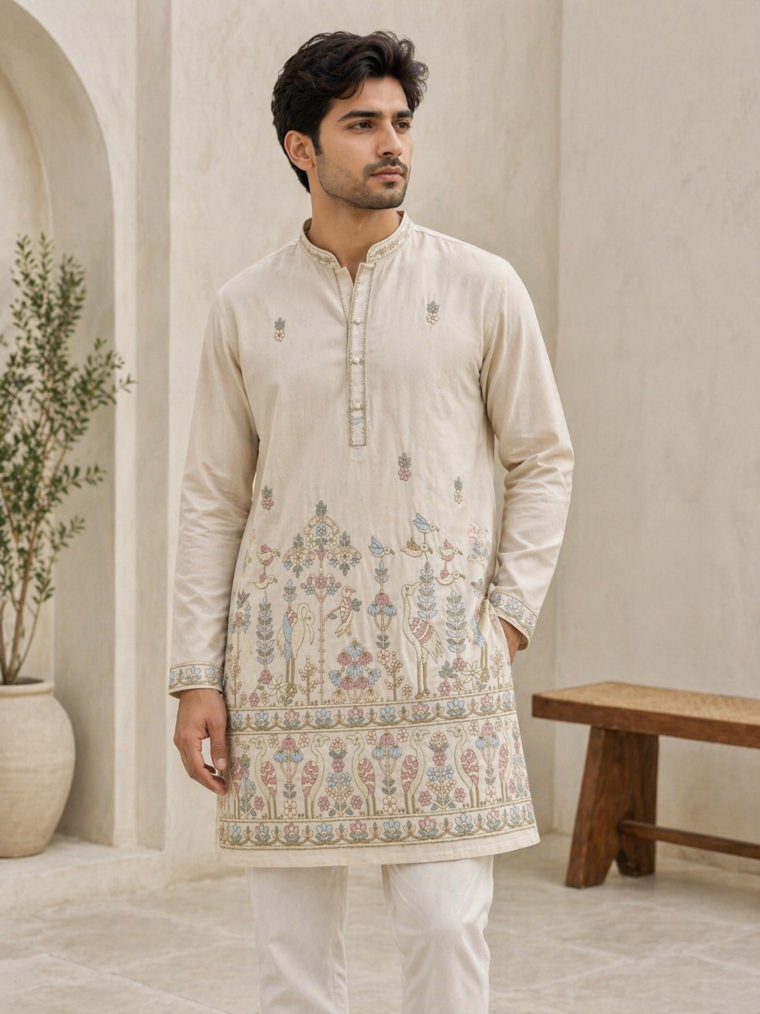 Cream Mughal Bird & Floral Embroidered Og Armani Kurta