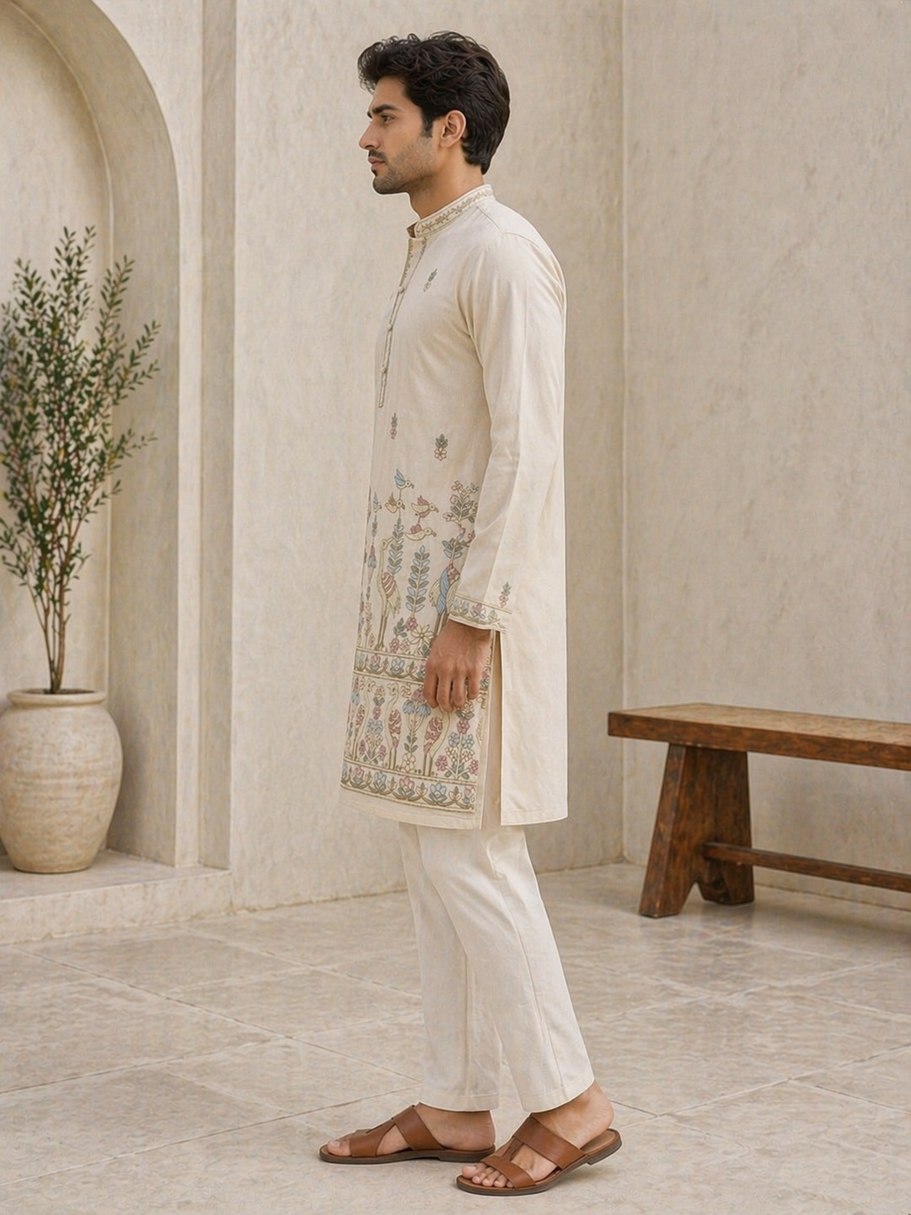 Cream Mughal Bird & Floral Embroidered Og Armani Kurta