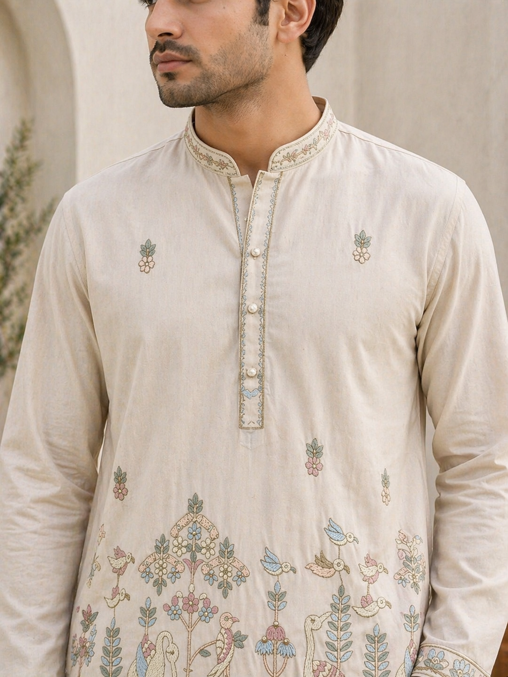 Cream Mughal Bird & Floral Embroidered Og Armani Kurta