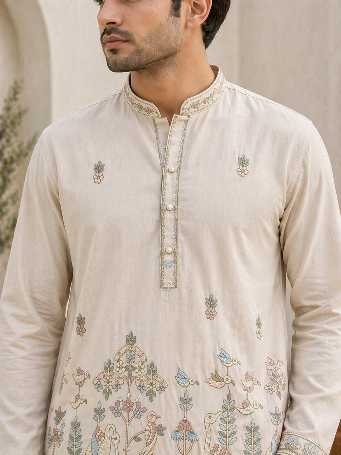 Cream Mughal Bird & Floral Embroidered Og Armani Kurta
