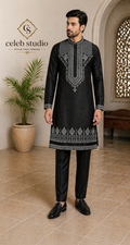Black Silver Zari Embroidered Fendi Silk Kurta