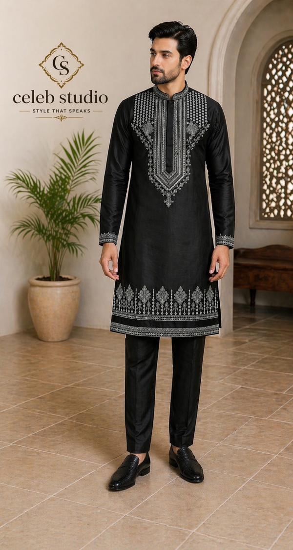 Black Silver Zari Embroidered Fendi Silk Kurta