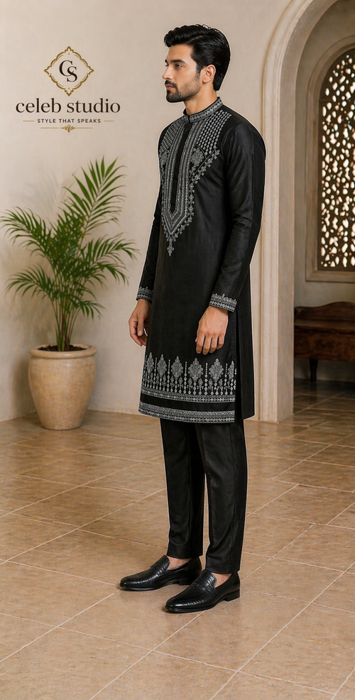 Black Silver Zari Embroidered Fendi Silk Kurta