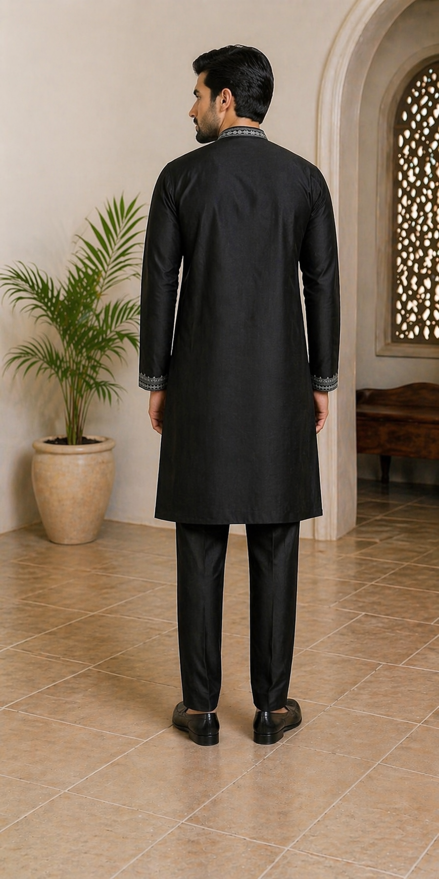 Black Silver Zari Embroidered Fendi Silk Kurta