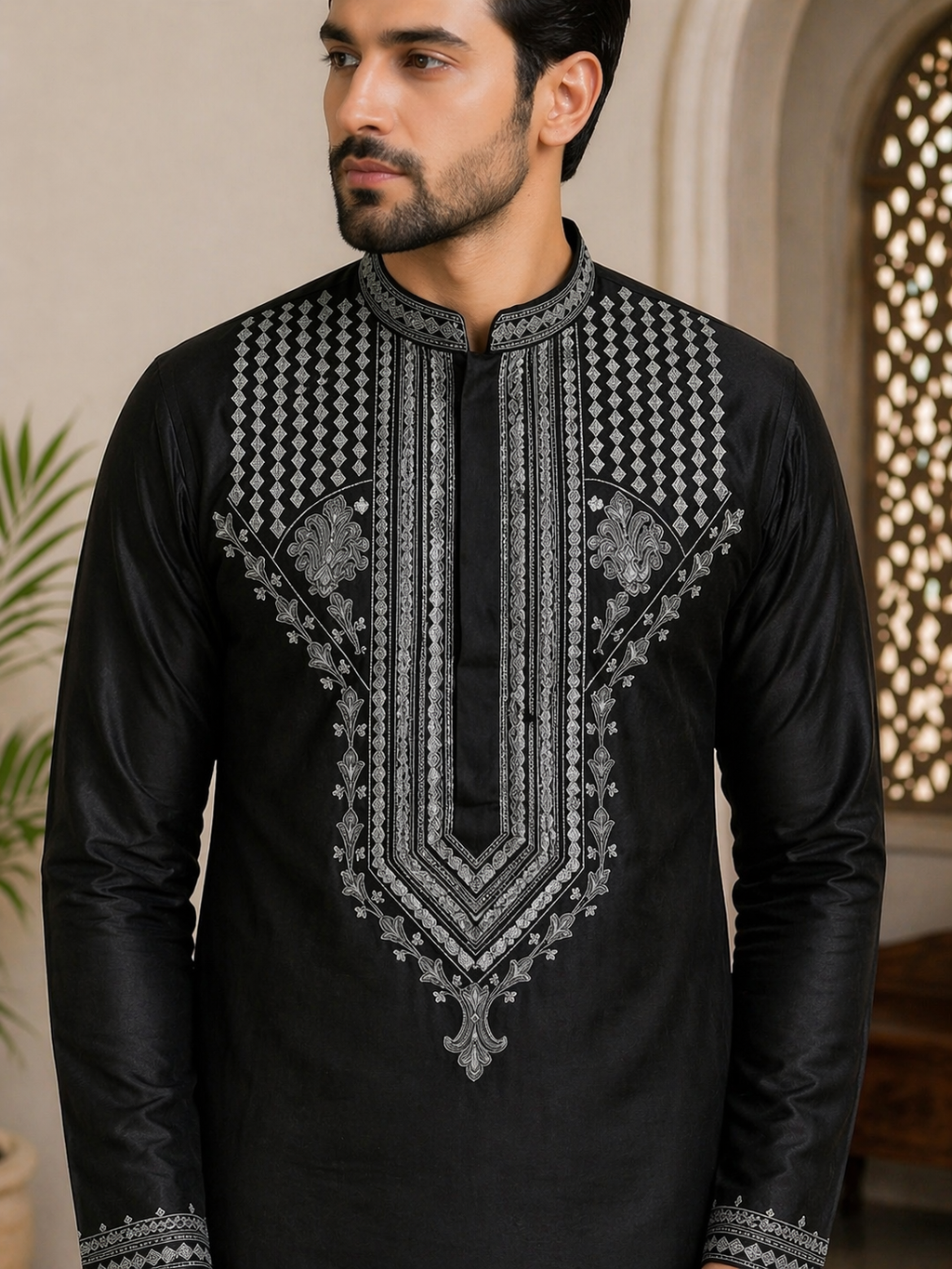 Black Silver Zari Embroidered Fendi Silk Kurta