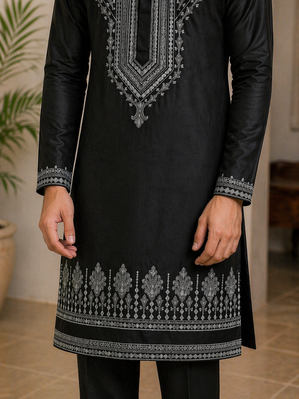 Black Silver Zari Embroidered Fendi Silk Kurta