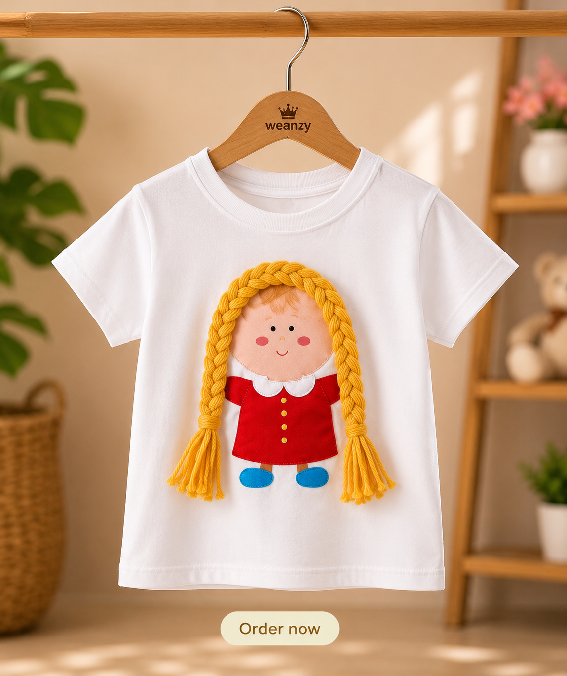 Doll print white t-shirt close-up on hanger