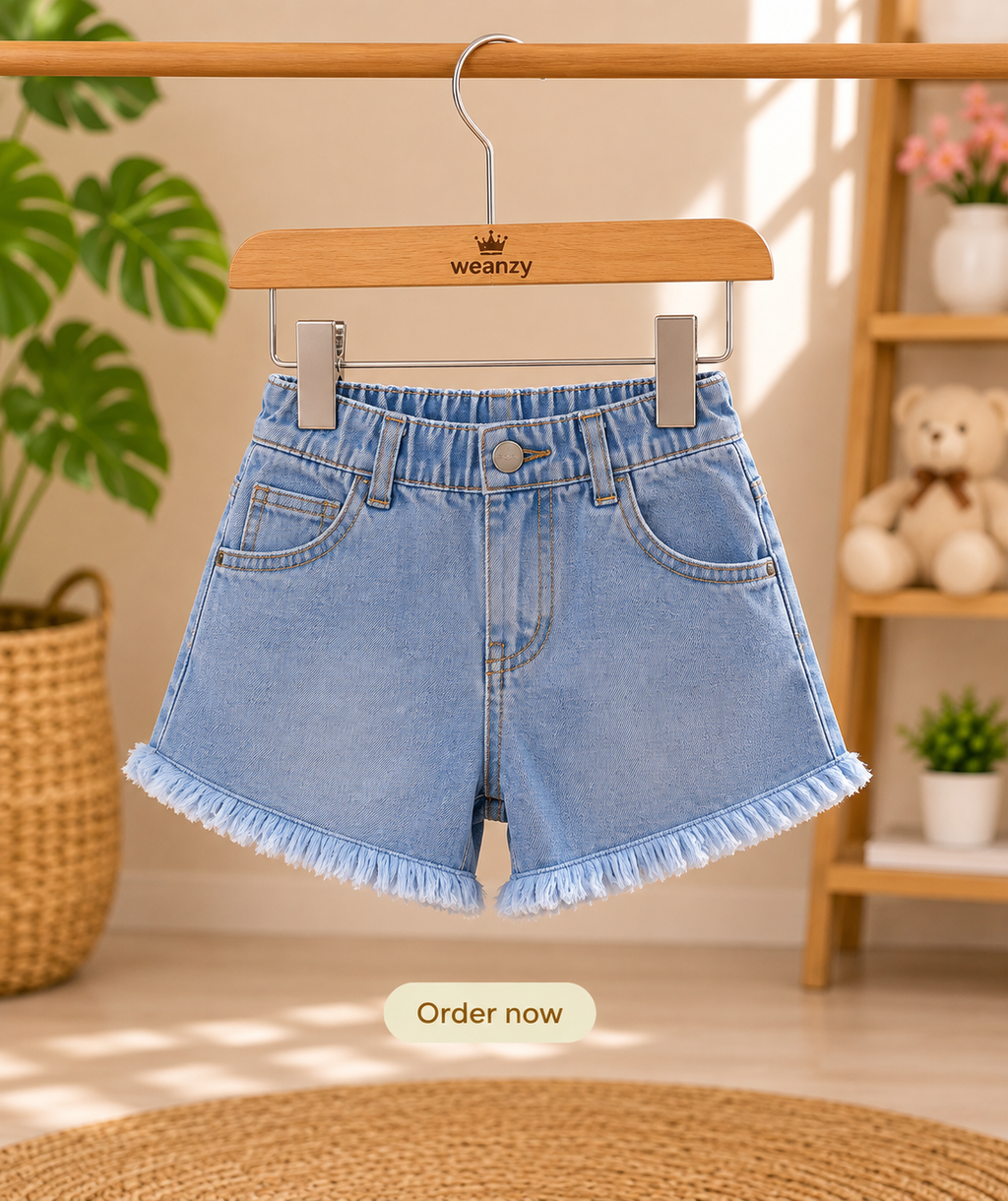 Doll print t-shirt and denim shorts set on hanger