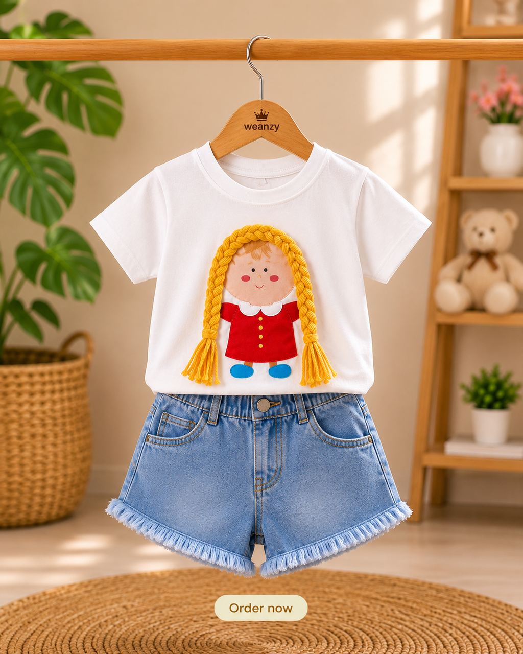 Light blue denim frayed shorts on hanger