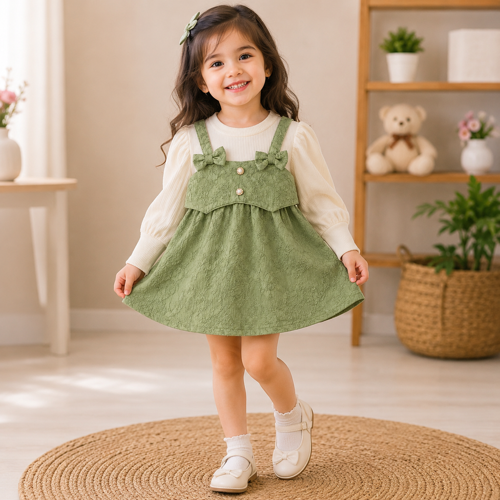 Bow suspender dress set flat lay on table