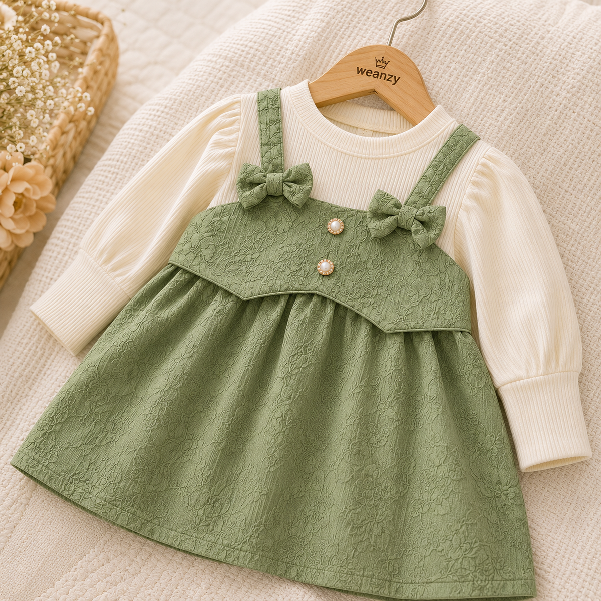 Bow suspender dress set close-up on hanger