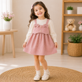 Pink bow suspender dress set flat lay