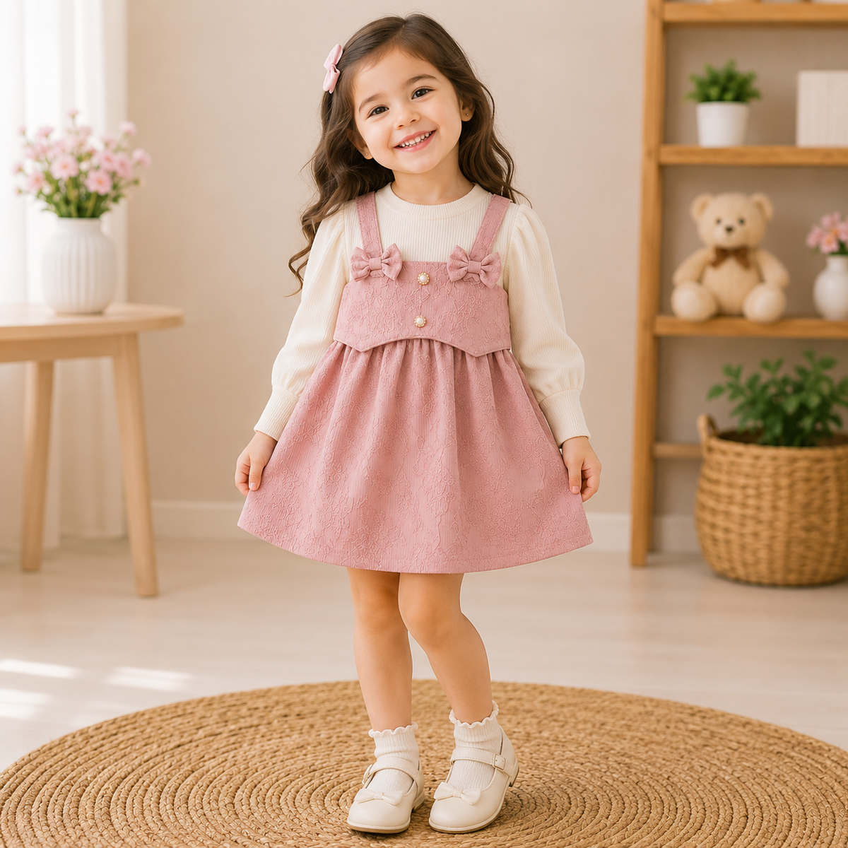 Pink bow suspender dress set flat lay