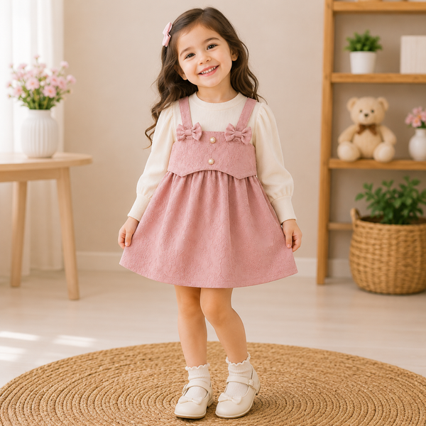Pink bow suspender dress set flat lay