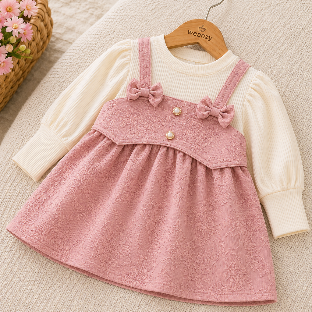 Pink bow suspender dress set on hanger