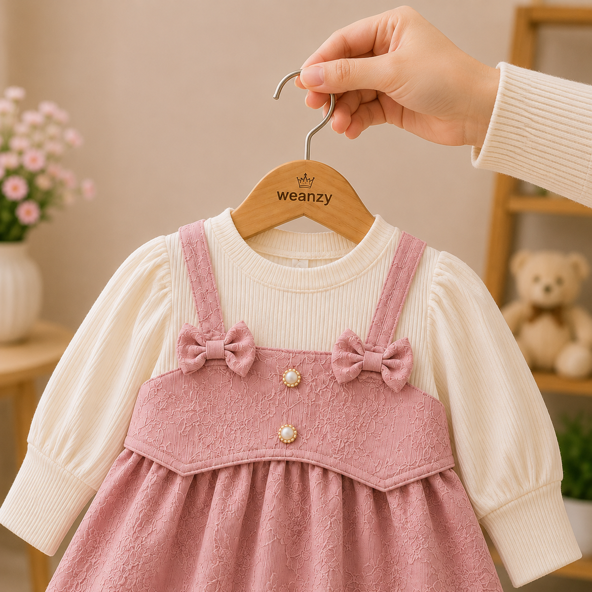 Pink bow suspender dress set styled on white table