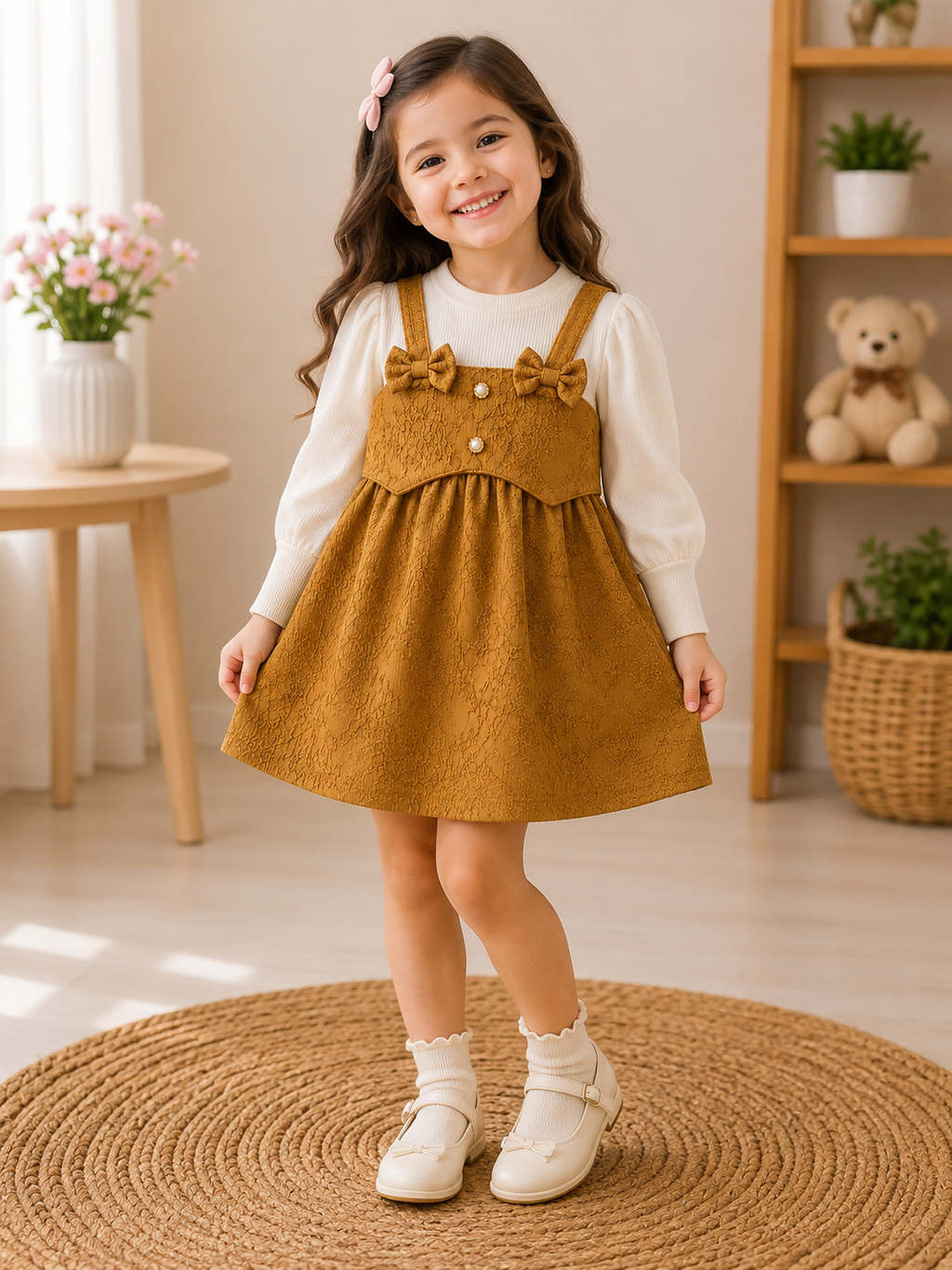 Mustard bow suspender dress set on Weanzy hanger