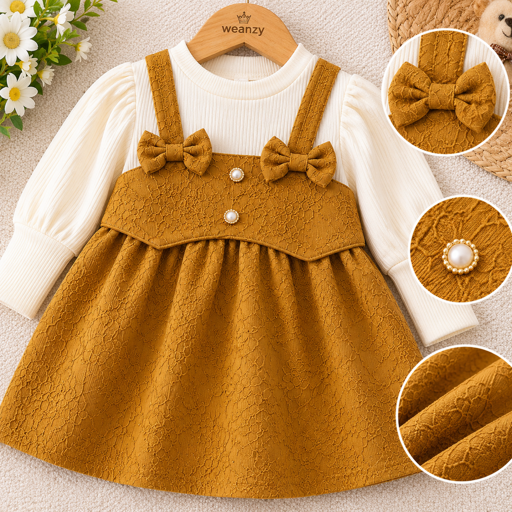 Mustard bow suspender dress set detail close-up